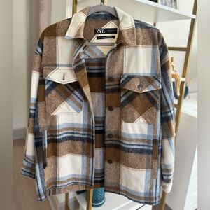 ZARA Plaid Shacket in Brown and Blue